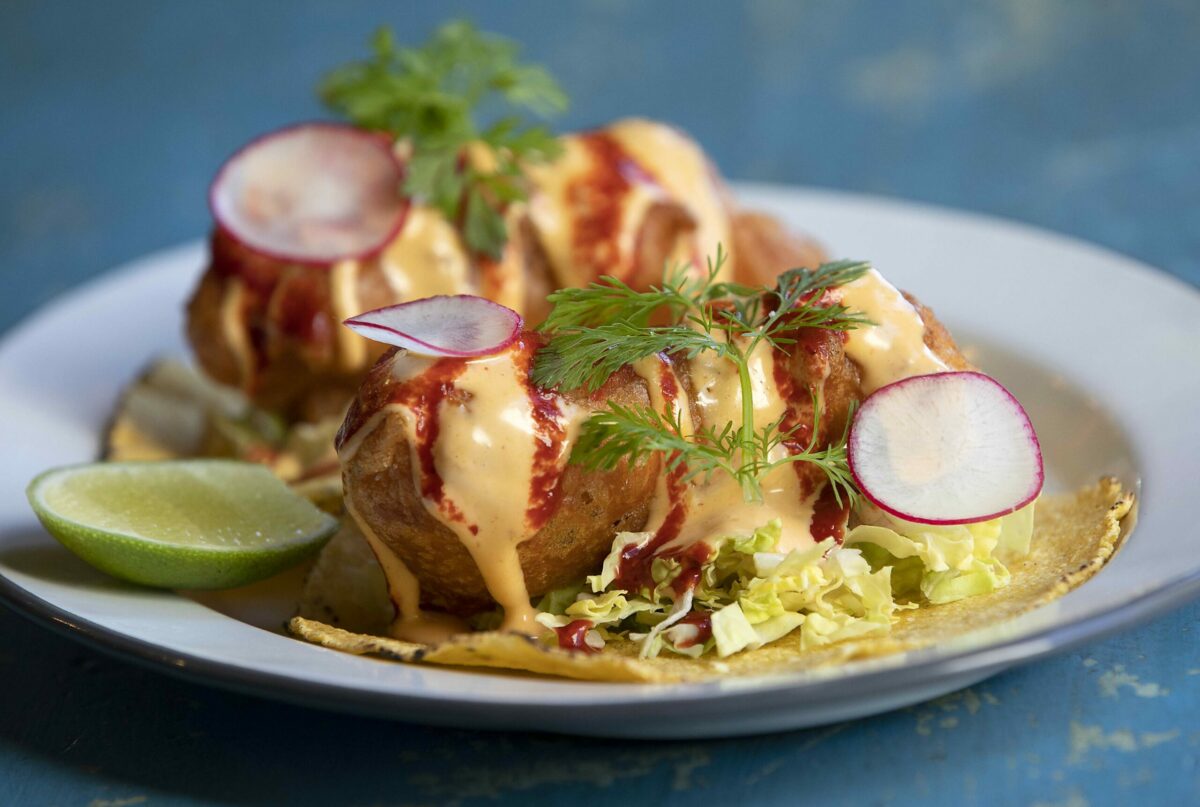 Tacos de Pescado with fried fish, chipotle mayo, cilantro, cabbage and lime from La Calenda, a Thomas Keller Restaurant Group project in Yountville. (John Burgess/The Press Democrat)