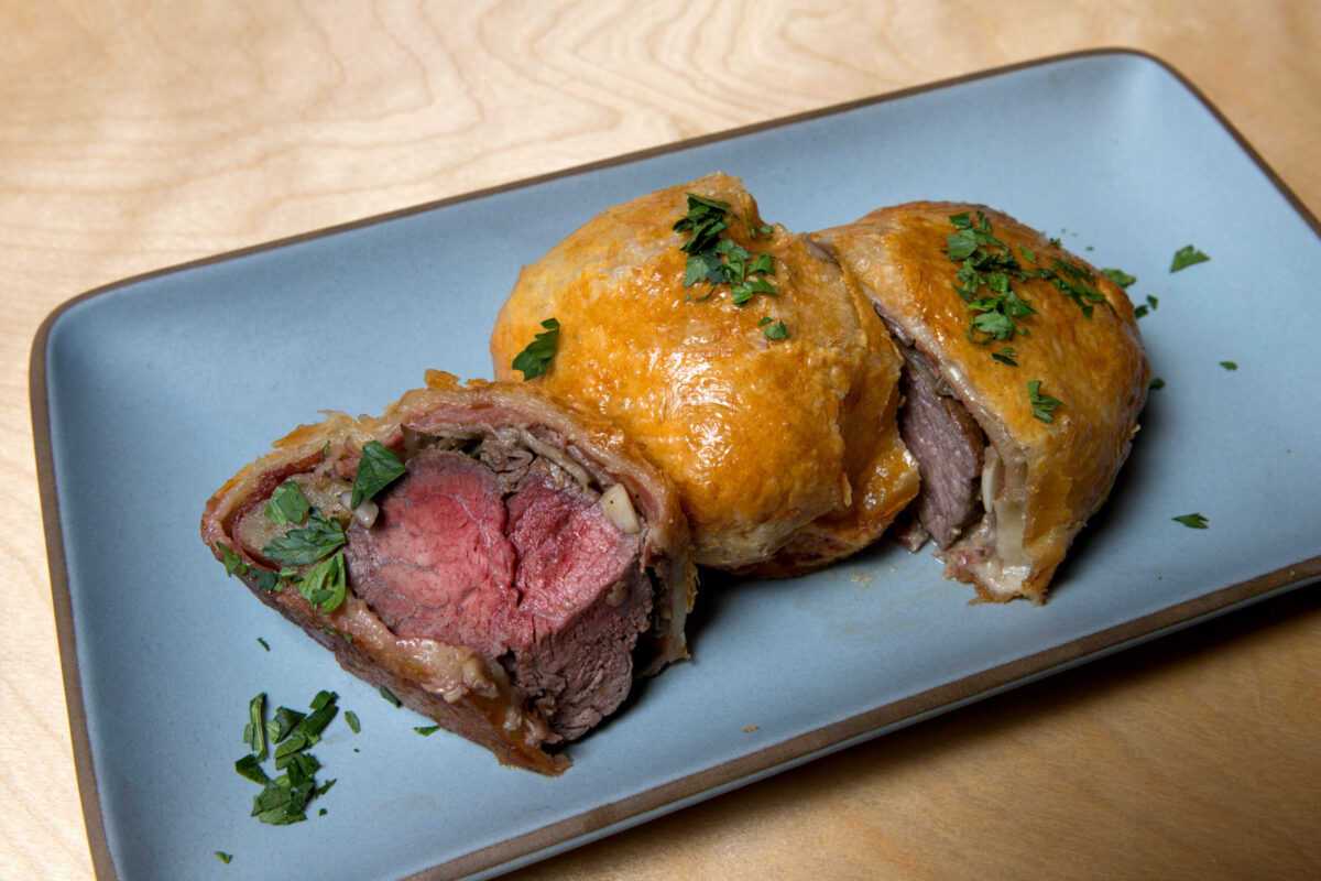 A portion of beef wellington is shown after being prepared during a class called "Hosting The Holiday Feast" at the Wind & Rye Kitchen in Penngrove. (Darryl Bush / For The Press Democrat)