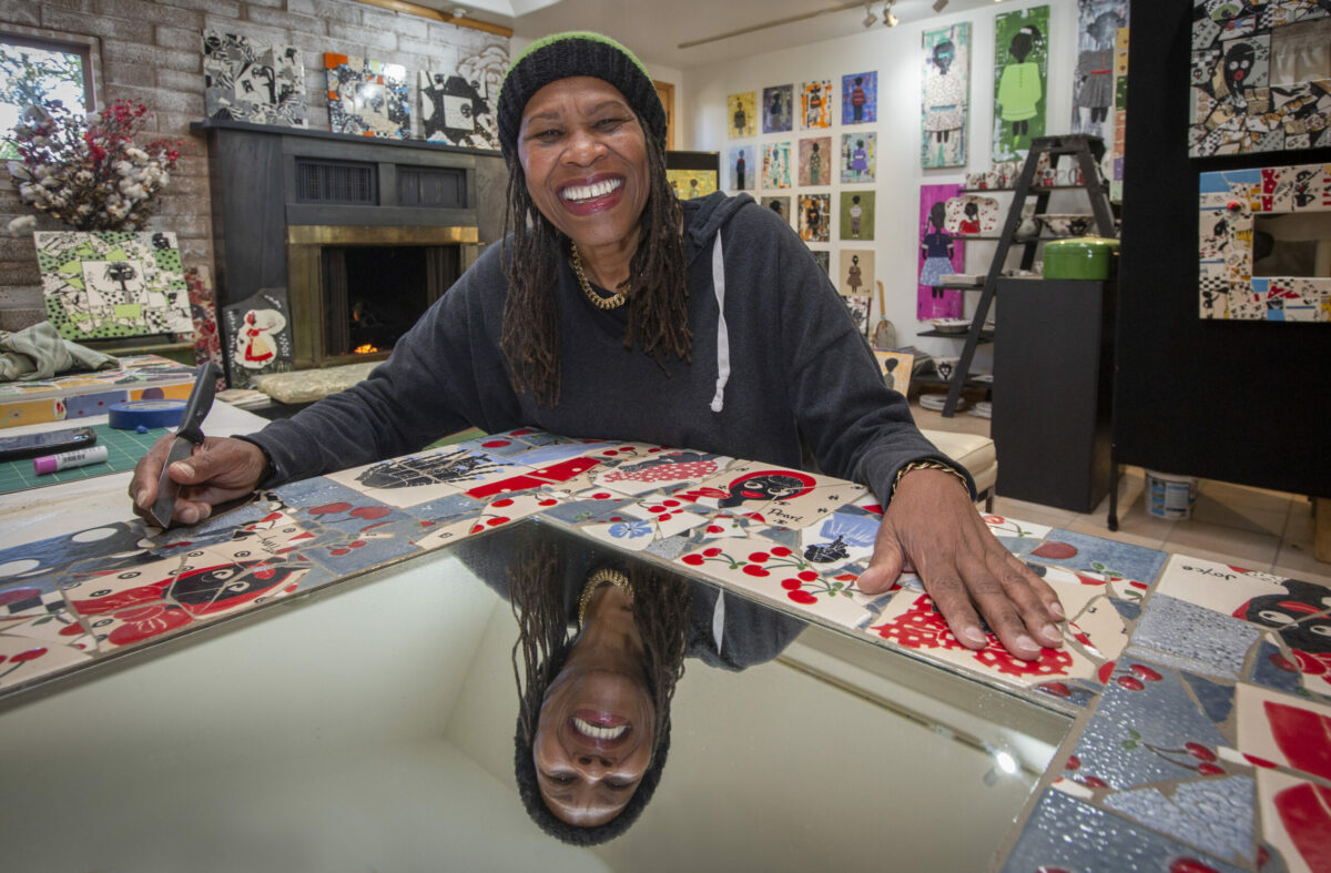 Artist Rose Hill works on one of her ceramic-framed mirrors in her studio on Fremont Drive in Sonoma on Wednesday, Nov. 9, 2022. (Robbi Pengelly/ Sonoma Index-Tribune)