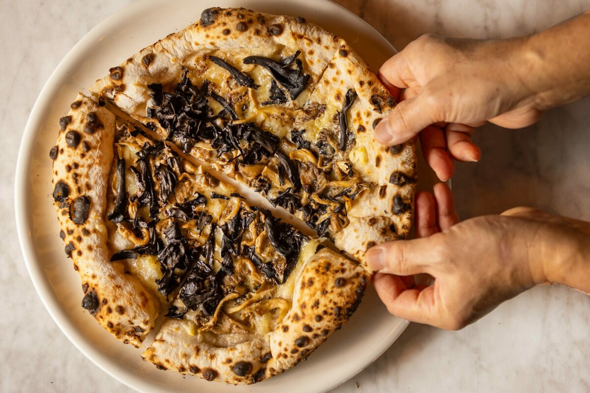 Boscaiolo Pizza with fontina, mushroom medley and truffle from the Golden Bear Station Thursday, January 11, 2023 on Hwy 12 in Kenwood. (John Burgess/The Press Democrat)