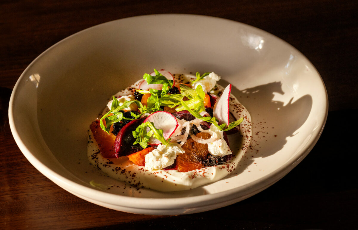 Roasted Beet Salad with goat cheese, orange, candied walnuts, yogurt, pickled shallots and balsamic pearls from Tisza Bistro chef/owner Krisztian Karkus Monday, February 12, 2024 in Healdsburg. (Photo by John Burgess/The Press Democrat)