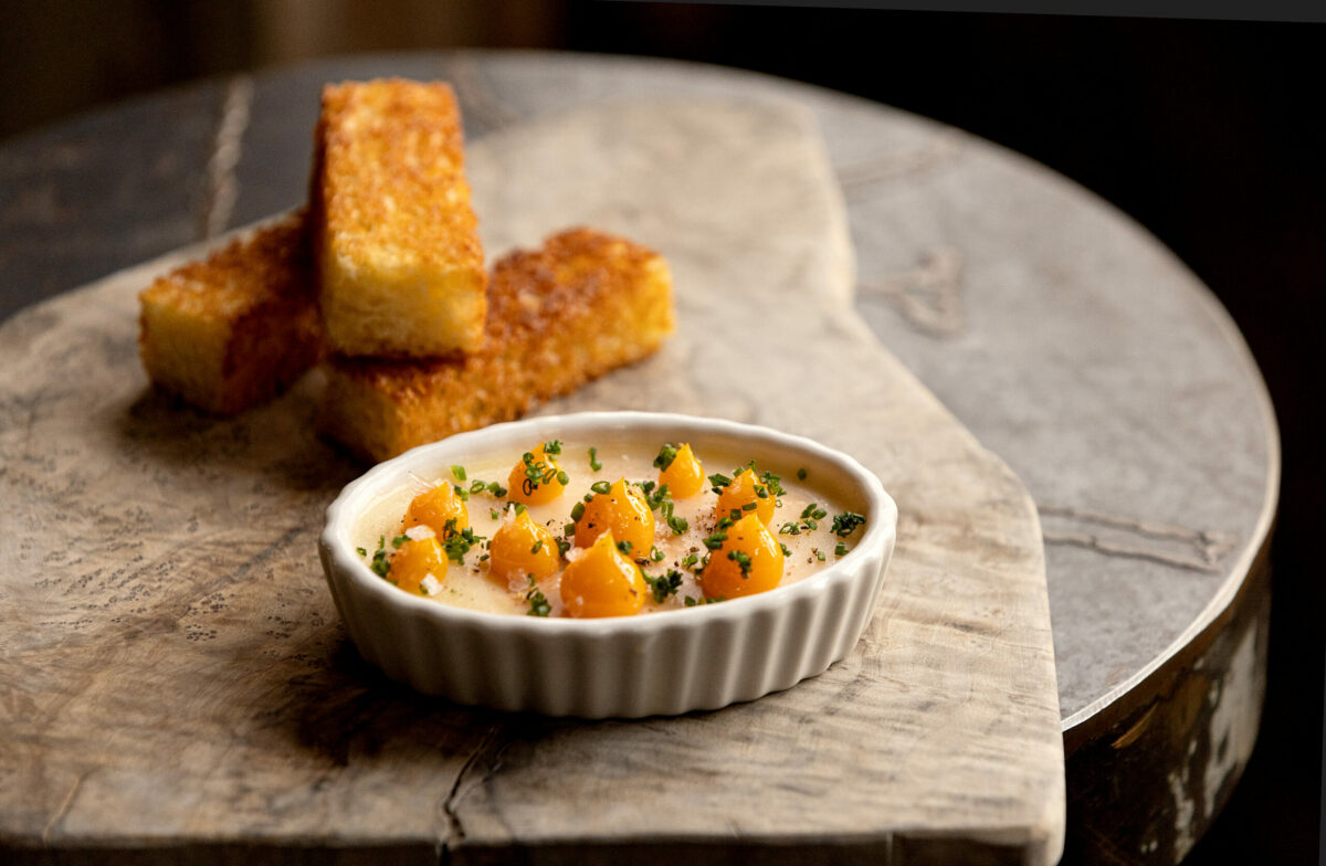 Mt Lassen Trout Rillettes with brioche soldiers, and egg yolk jam from Studio Barndiva Friday, February 23, 2024 in Healdsburg. (Photo by John Burgess/The Press Democrat)