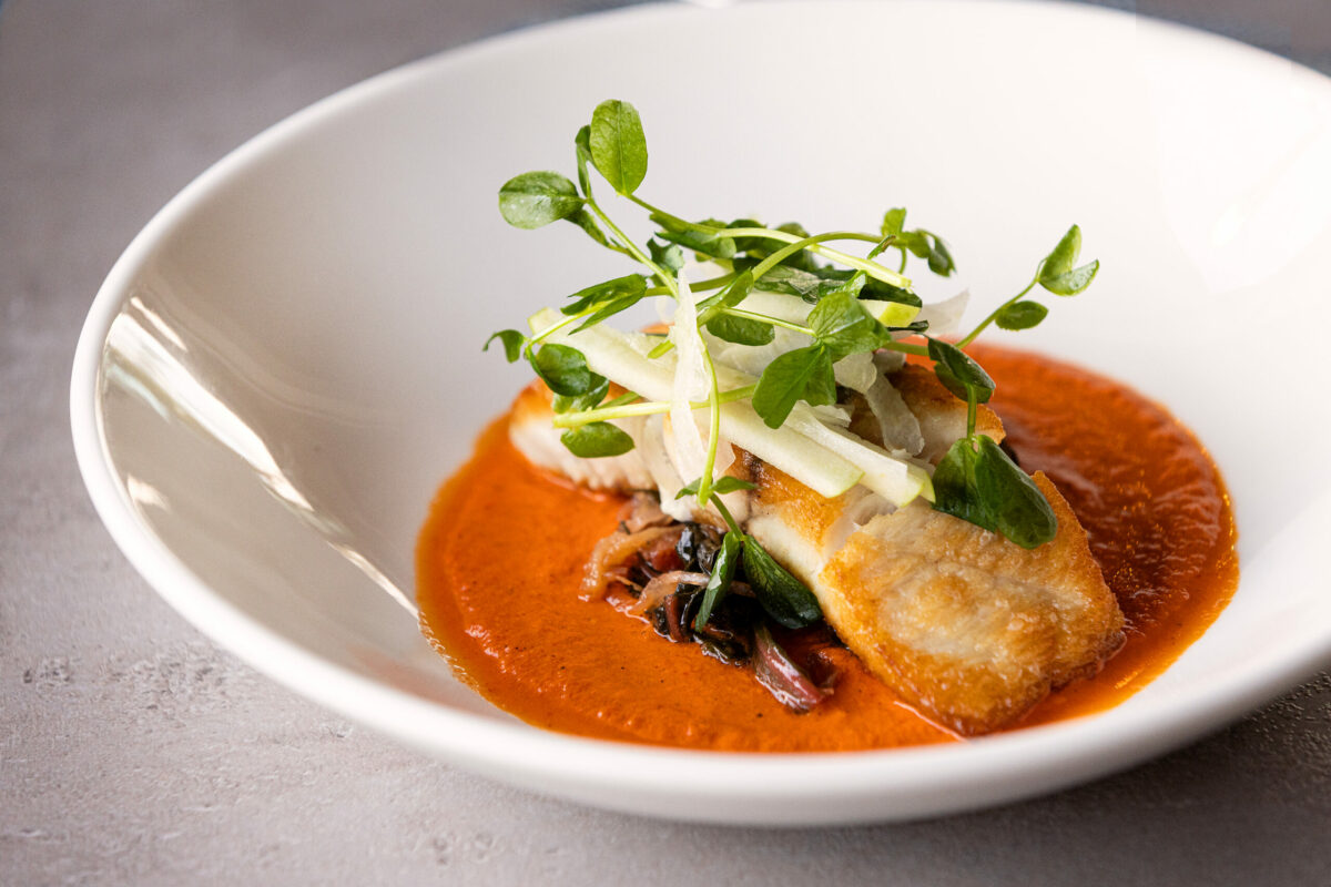 Roasted Barramundi with roasted red pepper coulis, rainbow chard and fennel apple salad from Tisza Bistro chef/owner Krisztian Karkus Monday, February 12, 2024 in Healdsburg. (Photo by John Burgess/The Press Democrat)