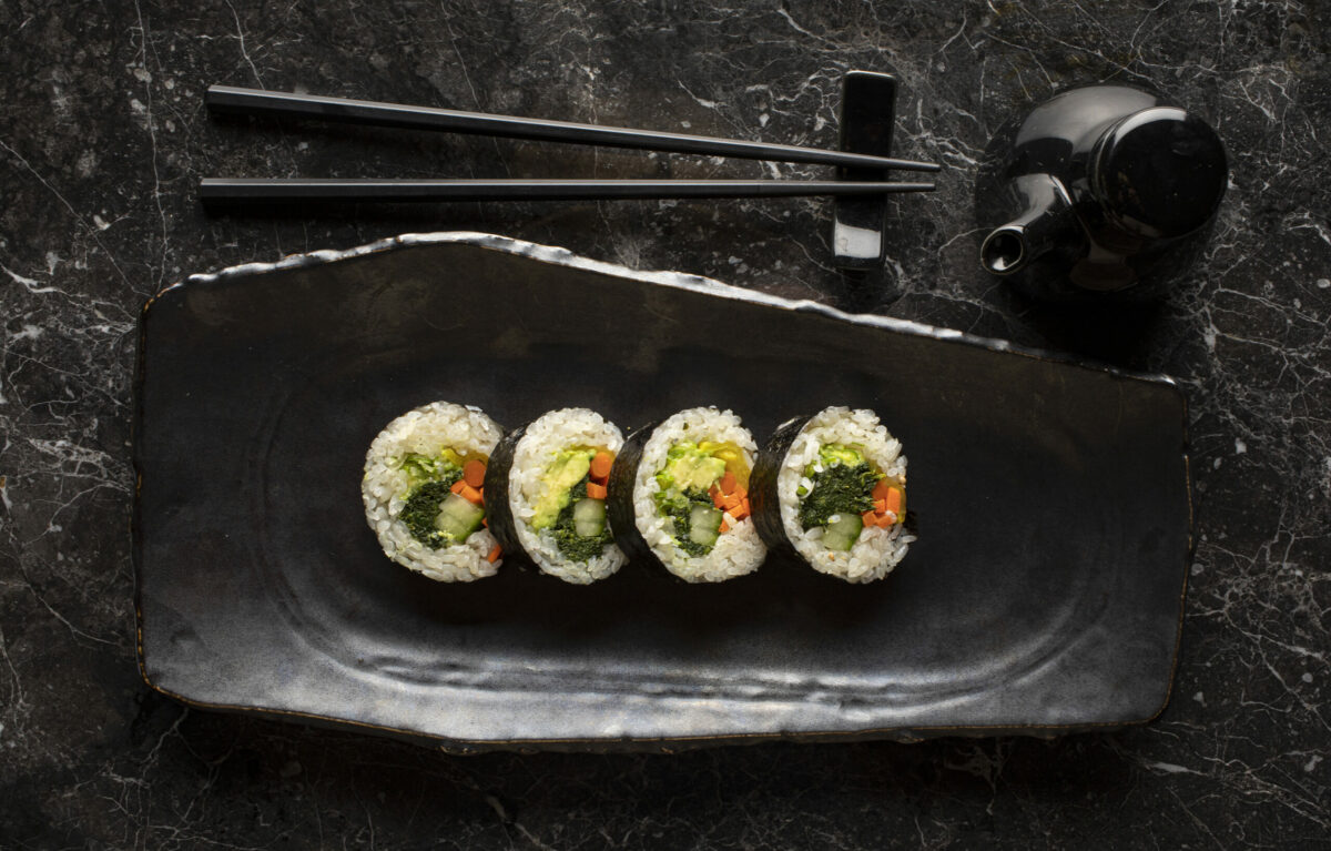 A veggie sushi roll with avocado, cucumber, seaweed, carrot from Jake Rand, chef/owner of Sushi Kosho in Sebatopol's Barlow district. (John Burgess/The Press Democrat)