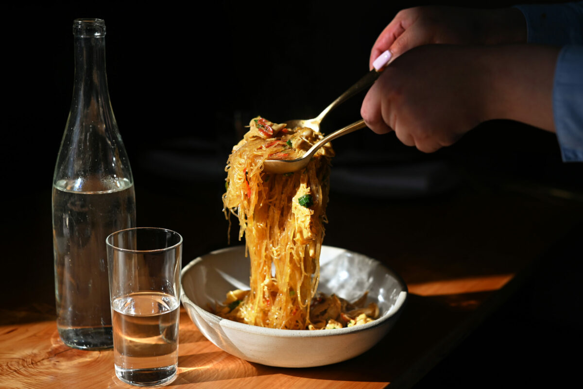 Yuba noodles, hodo soy organic yuba, glass noodle, fresno chili and shimeji mushrooms at Slanted Door in Napa, Thursday, Feb. 22, 2024. (Erik Castro / For The Press Democrat)