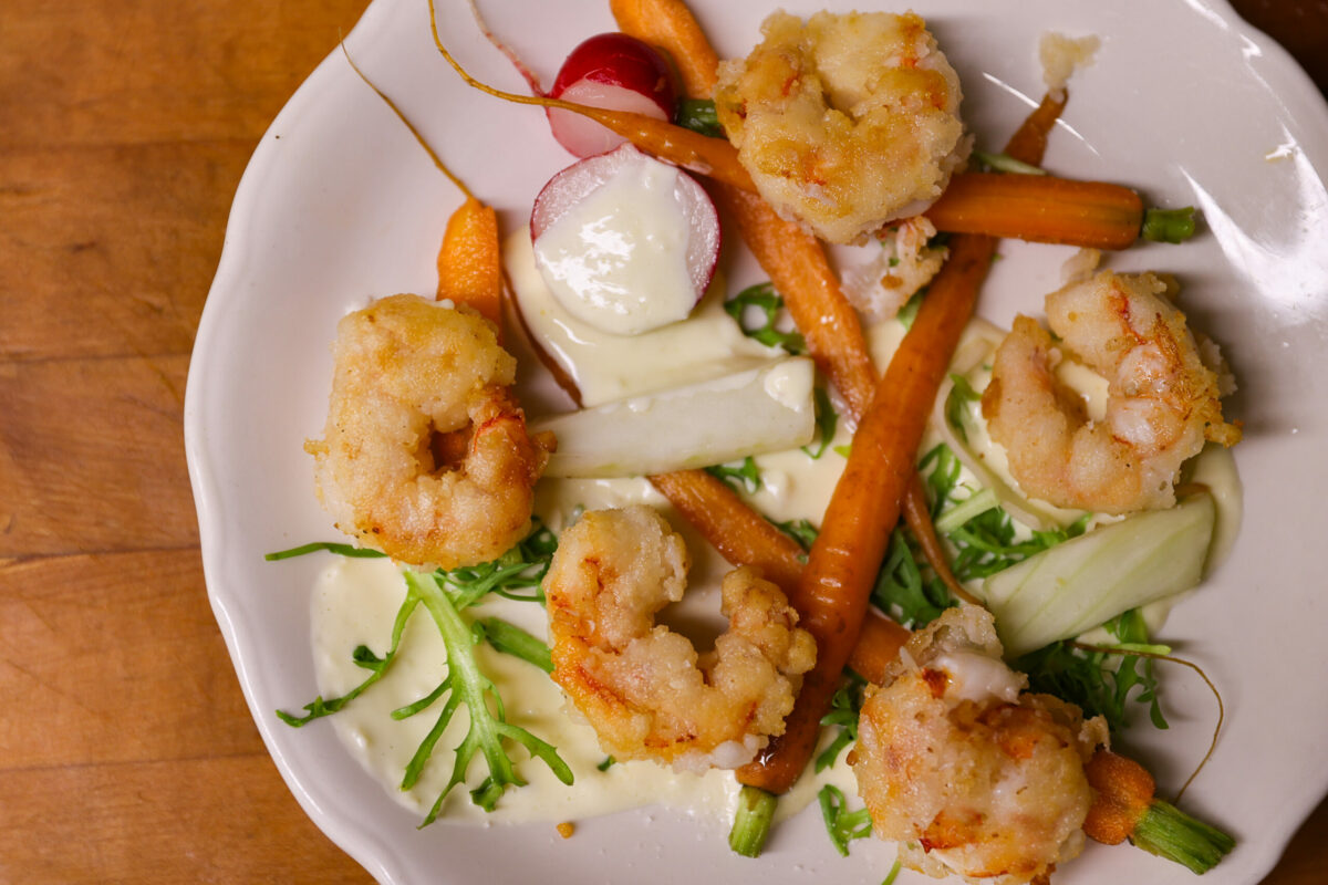 Fried shrimp with pickled winter vegetables & garlic mayonnaise by chef Mark Malicki at de Havilland in Petaluma on Friday, January 12, 2024. (Christopher Chung/The Press Democrat)