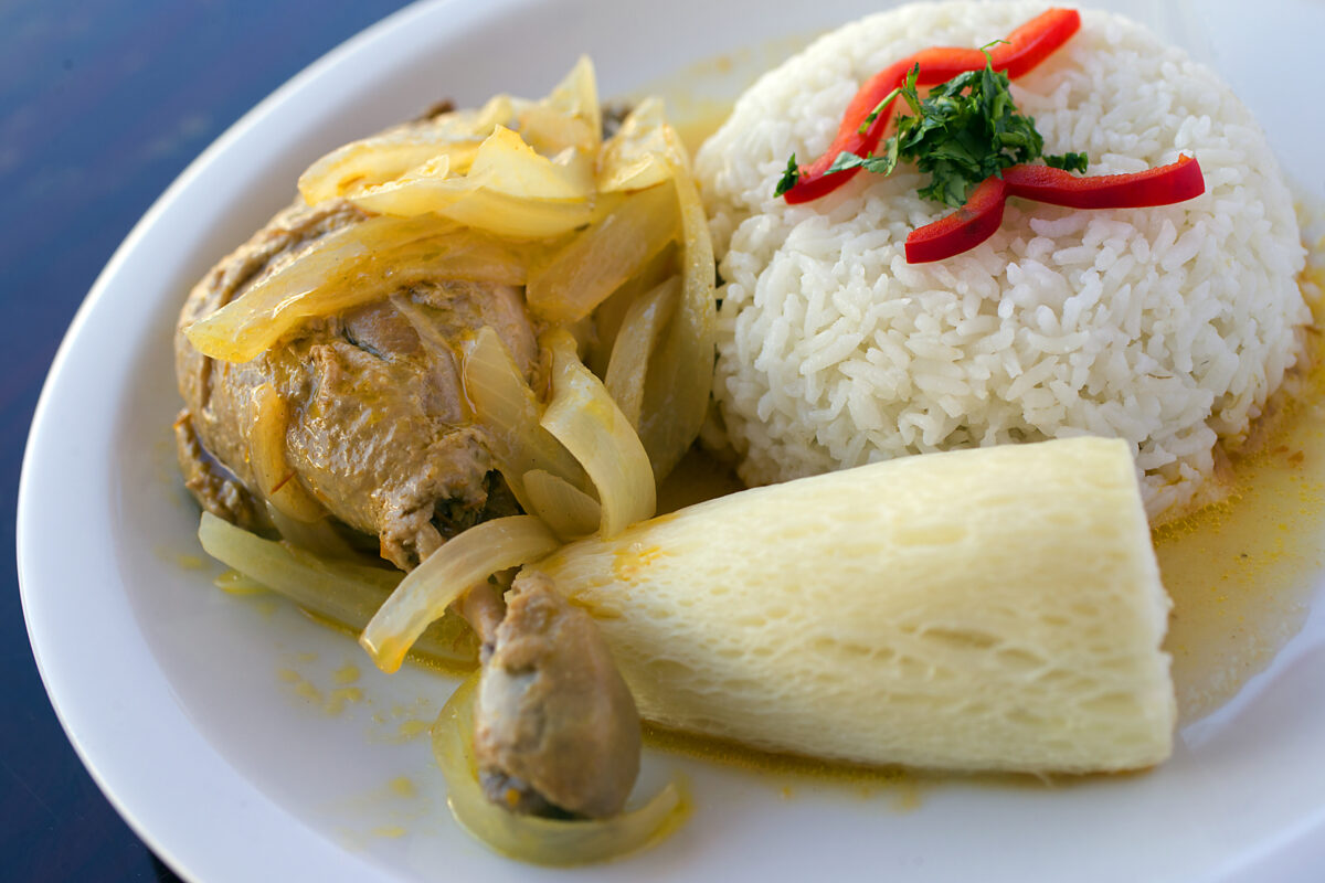 Ceviche de Pato Huachano, duck marinated in orange juice with onion and Peruvian peppers with rice and yuca from Quinua Cocina Peruana in Petaluma. (John Burgess/The Press Democrat)