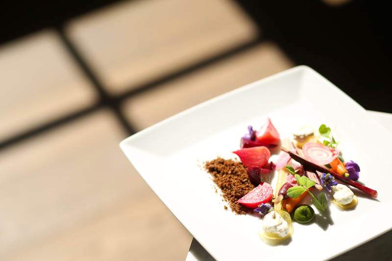 A colorful plate of veggies and dip fresh from the Chalkboard Restaurant's garden is served in Healdsburg on Tuesday, June 11, 2013. (Conner Jay/The Press Democrat)