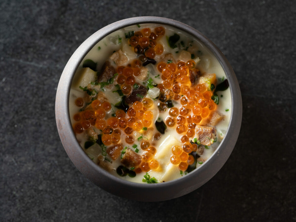 Artichoke Custard, Smoked Pork Belly, Fennel, Trout Roe from RO Restaurant and Lounge in Yountville. (David Escalante)