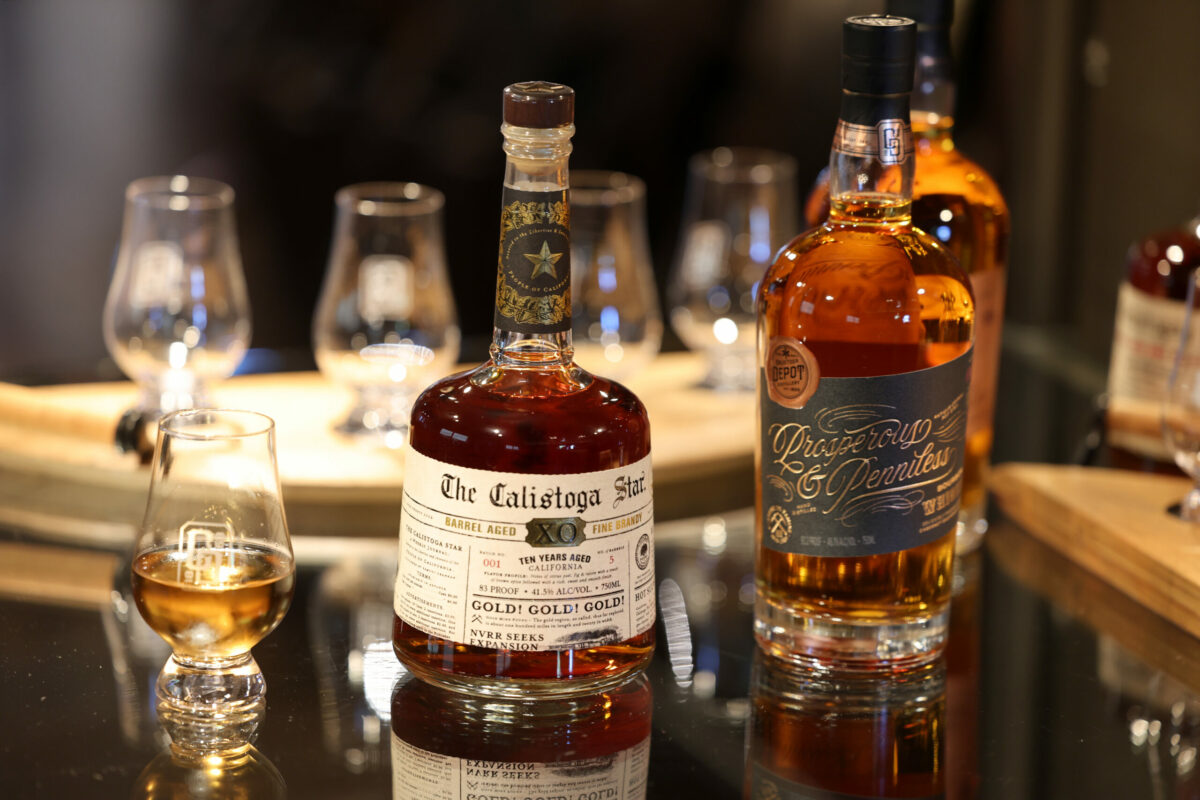A bottle of The Calistoga Star brandy and a bottle of Prosperous and Penniless whiskey for sale at the Calistoga Distillery inside the Calistoga Depot in Calistoga, Monday, May 13, 2024. (Beth Schlanker / The Press Democrat)