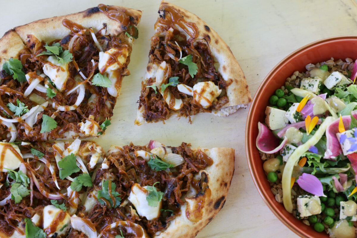 Depot Provisions’ plant-based “pulled pork” pizza made with mushrooms by Nova Terra Plant-Based Kitchen and Creamery at the Calistoga Depot in Calistoga, Monday, May 13, 2024. (Beth Schlanker / The Press Democrat)