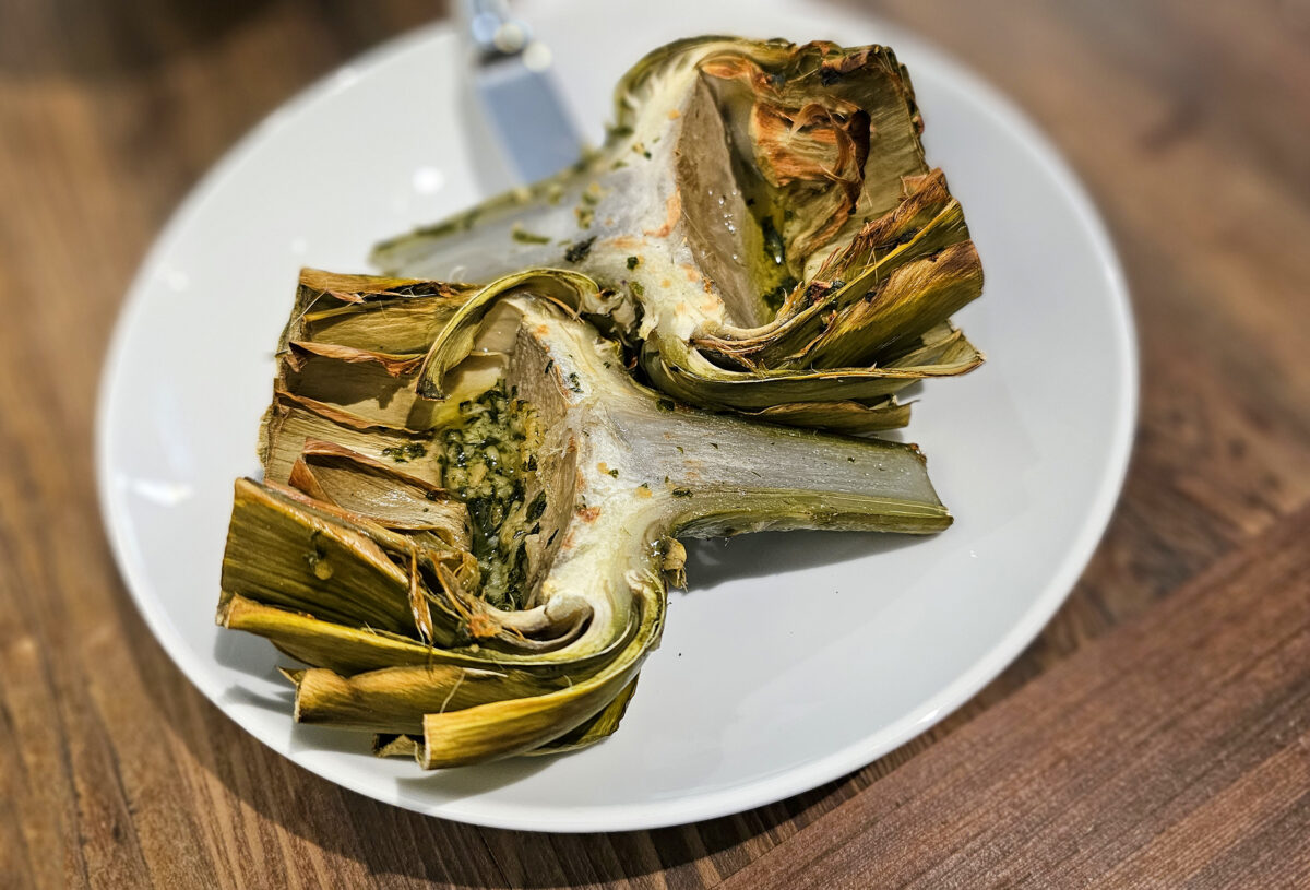 Grilled spring arichoke at Farmstand restaurant at the Farmhouse Inn in Forestville. (Heather Irwin/The Press Democrat)