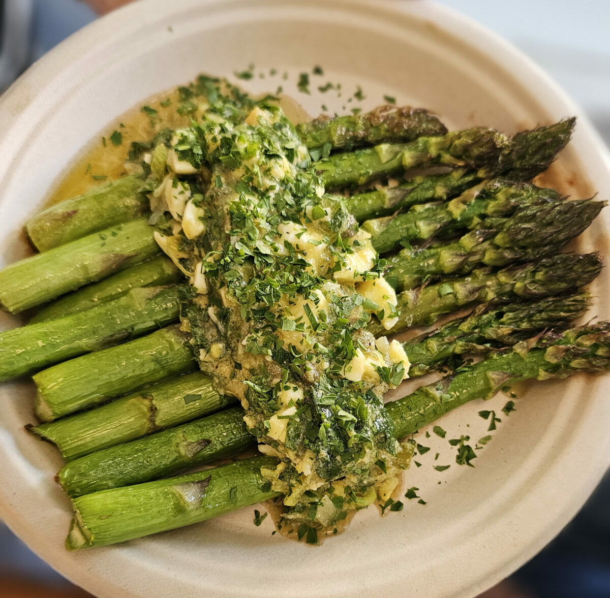 Wood oven-roasted asparagus at Stellina Pronto pizzeria and bakery in Petaluma. (Heather Irwin/The Press Democrat)