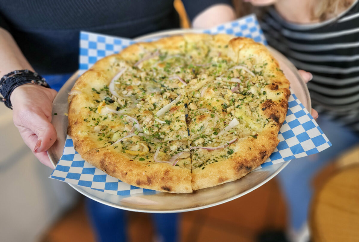 The New Haven clam pie at Stellina Pronto pizzeria and bakery in Petaluma. (Heather Irwin/The Press Democrat)