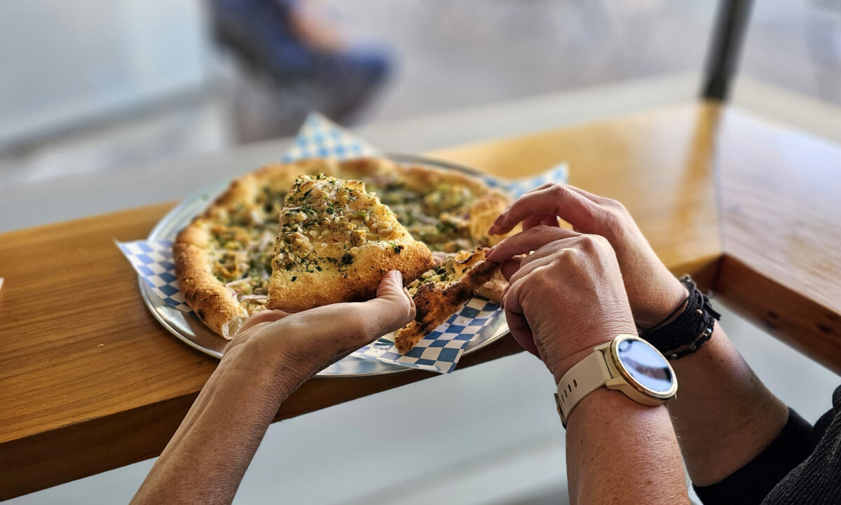 Diving into the New Haven pizza at Stellina Pronto pizzeria and bakery in Petaluma. (Heather Irwin/The Press Democrat)