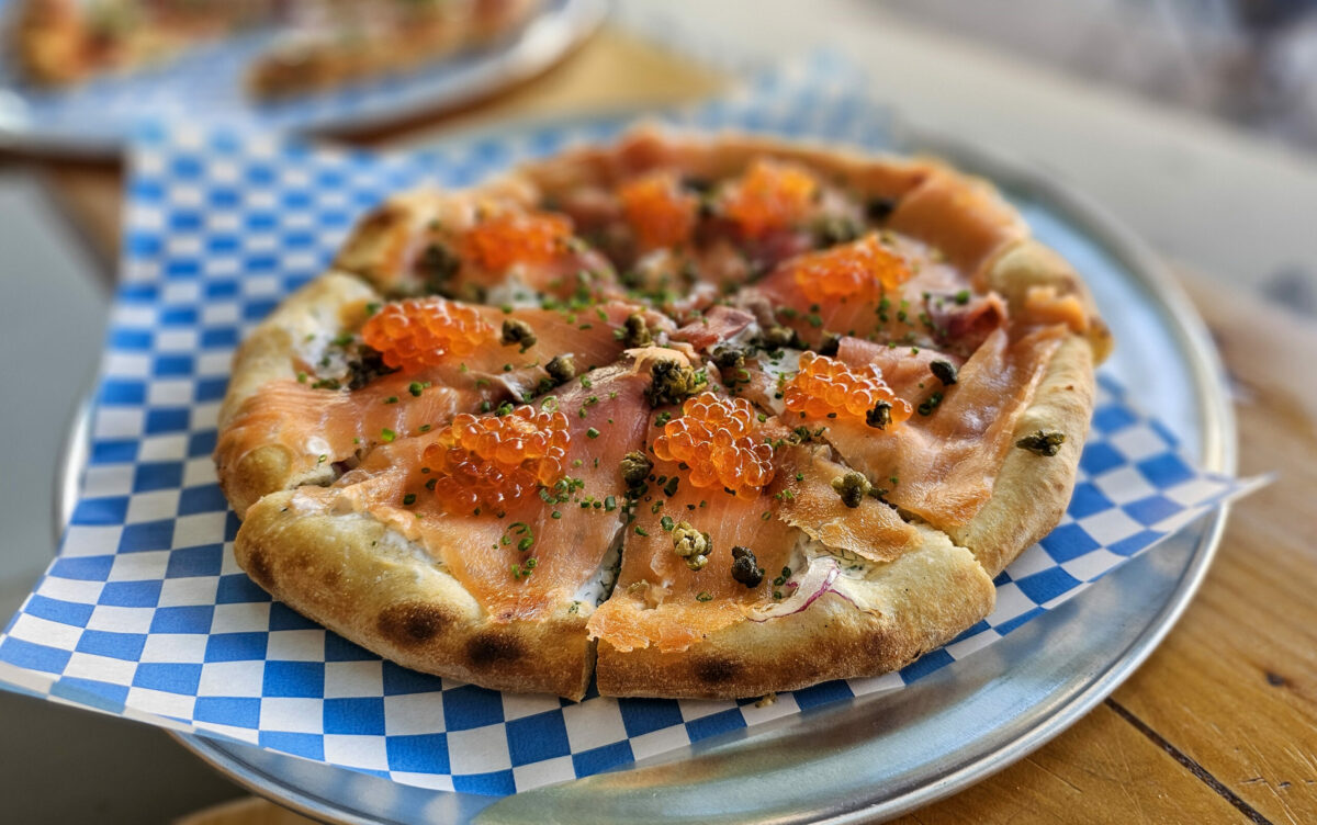 The Wolfgang pizza with smoked salmon and salmon roe at Stellina Pronto pizzeria and bakery in Petaluma. (Heather Irwin/The Press Democrat)