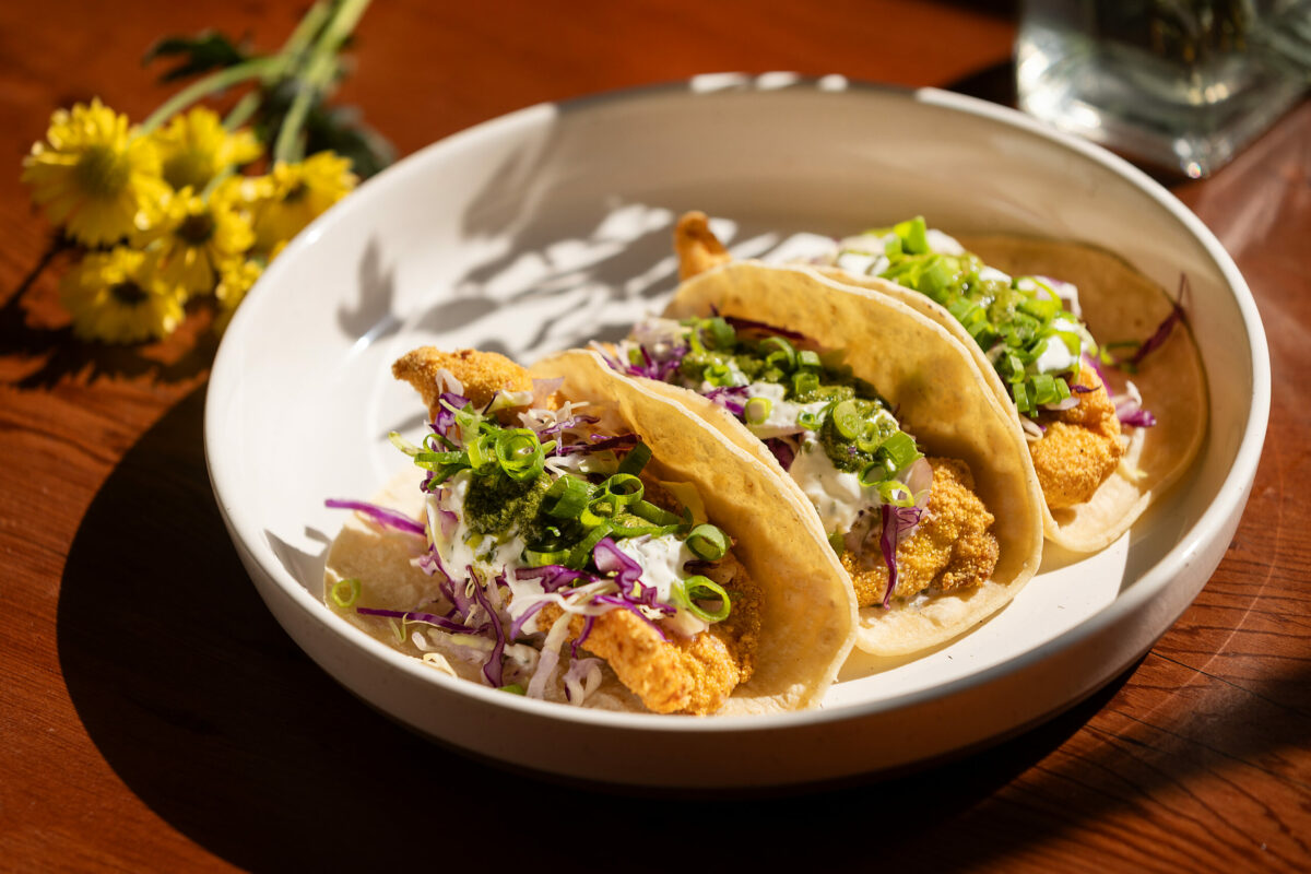 Baja Fish Tacos with fried rock cod, organic corn tortilla, yogurt cilantro sauce, shredded cabbage and pepita chimichurri from the The Wild Poppy Cafe along the Bodega Hwy west of Sebastopol Friday, May 3, 2024. (John Burgess/The Press Democrat)