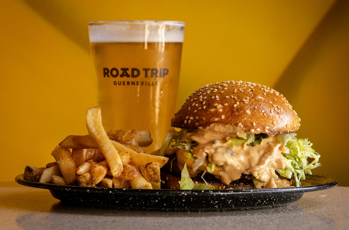 The Mac Daddy burger with a 7-ounce Oak Ridge patty and the secret sauce from Road Trip Monday, May 20, 2024, in Guerneville. (John Burgess / The Press Democrat)