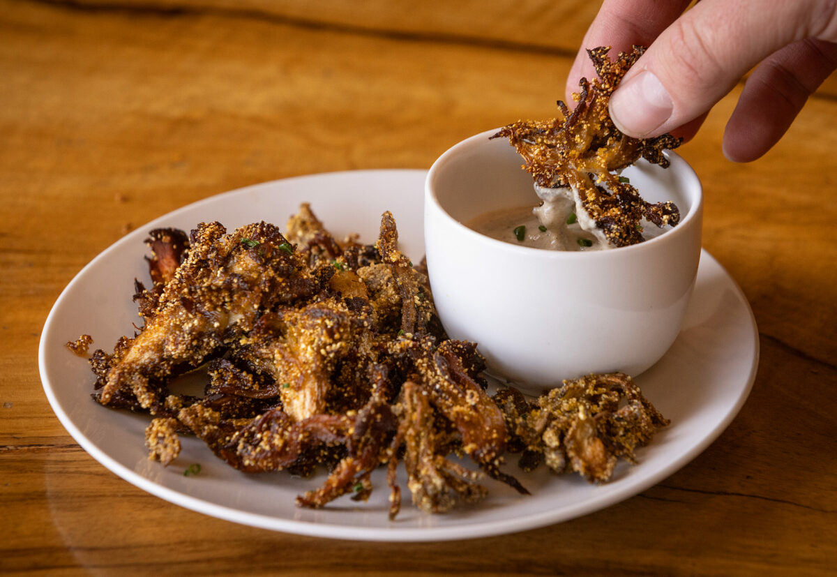 Fried Mushrooms are first pickled then fried with charred onion and buttermilk Ranch dressing from Road Trip Monday, May 20, 2024, in Guerneville. (John Burgess/The Press Democrat)
