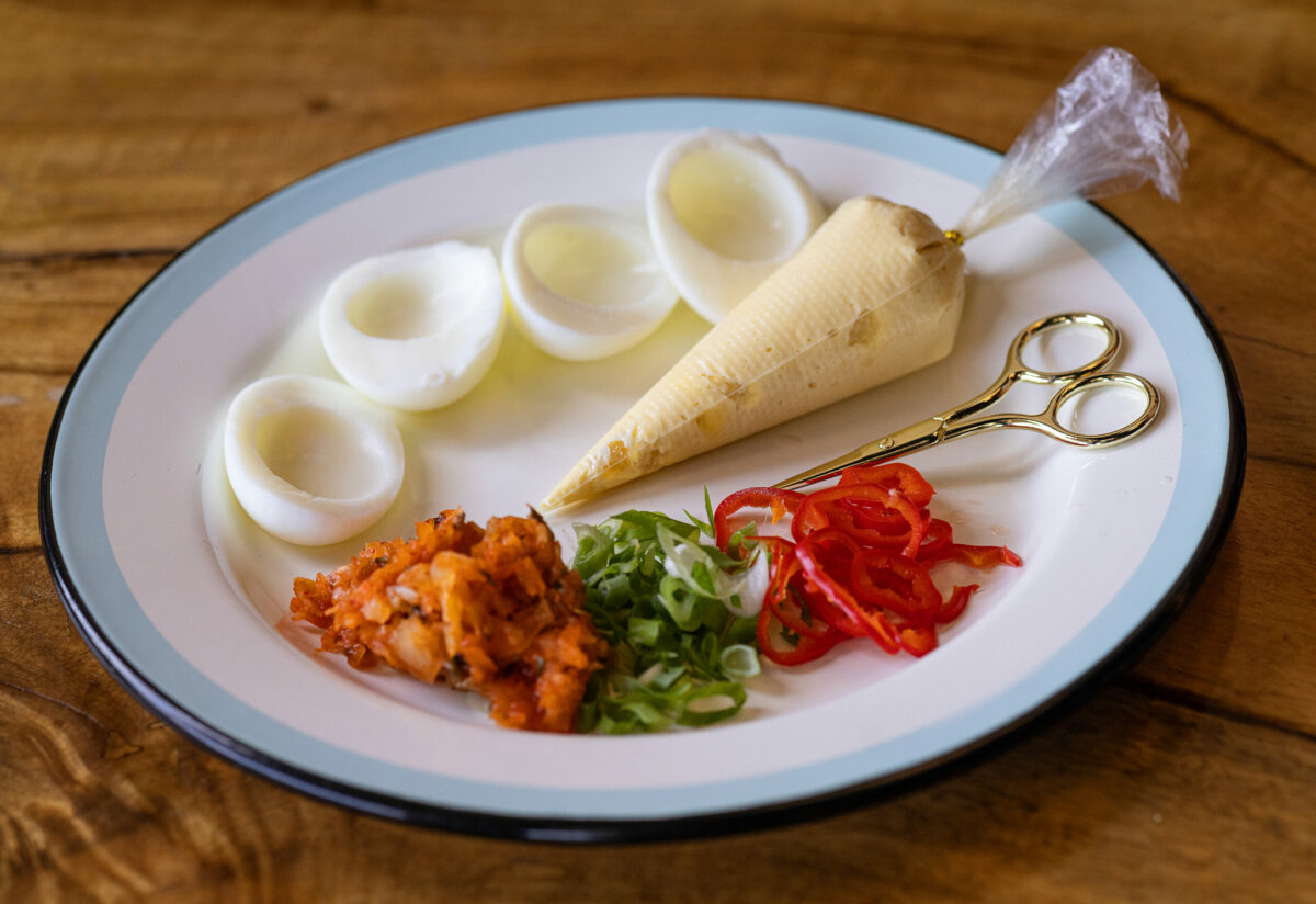 DIY Deviled Eggs with kimchi, green onion and pepper toppings from Road Trip Monday, May 20, 2024 in Guerneville. (Photo by John Burgess/The Press Democrat)