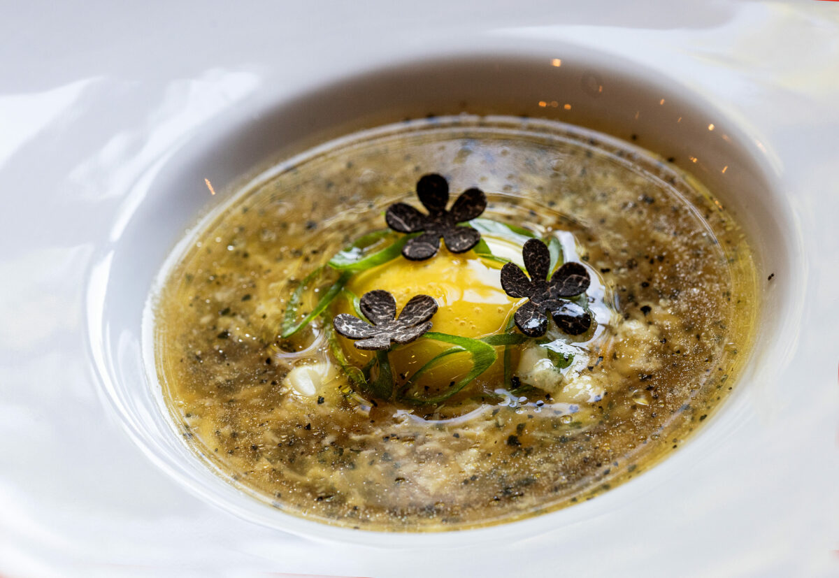 Egg Drop Corn Soup with Black Truffle from chef Craig Wilmer at the Farmhouse restaurant on River Road in Forestville, Friday, Aug. 18, 2023. (John Burgess / The Press Democrat)