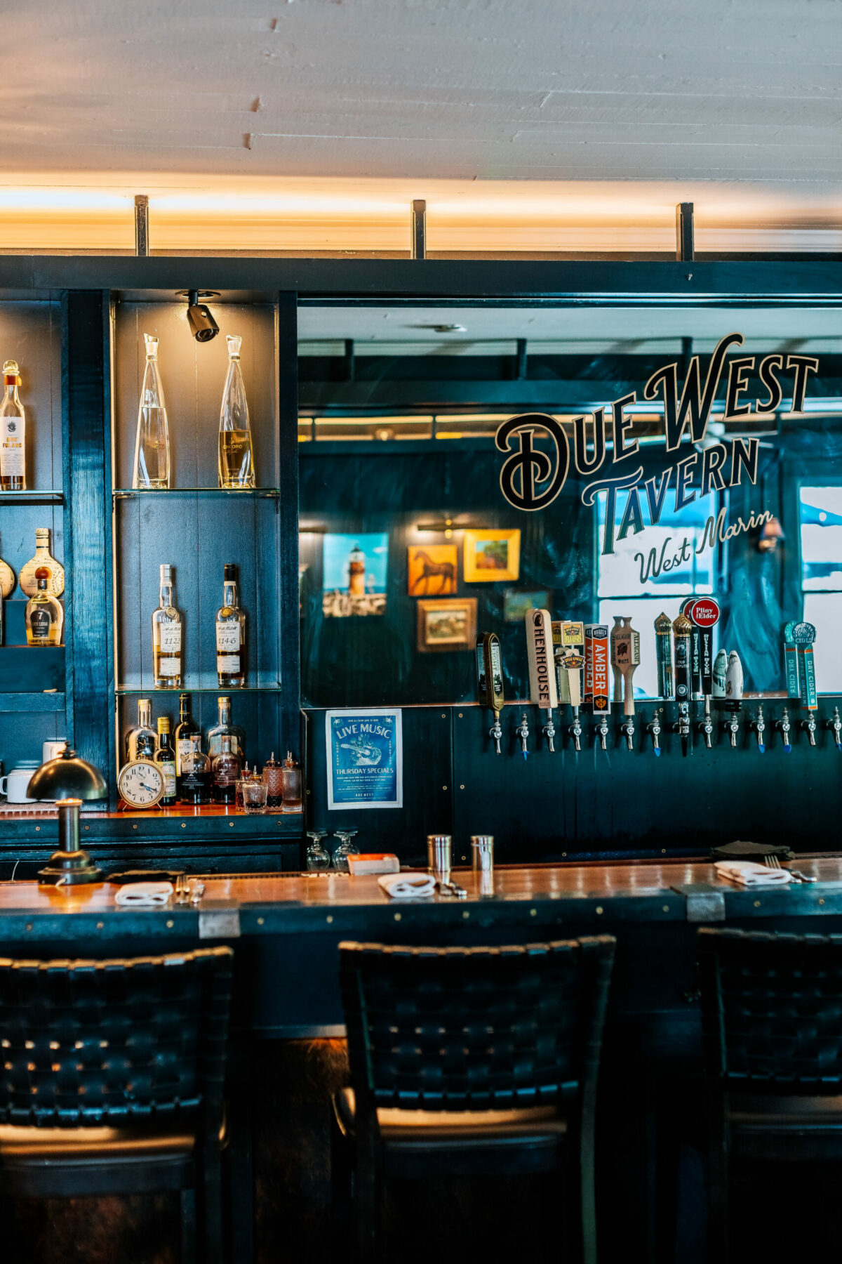 The bar at Due West Tavern, located nearby Olema House in Olema, nearby Point Reyes National Seashore. (Roxanne McClure Photography)