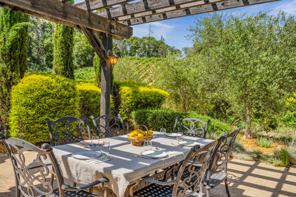 Outdoor dining area with views of the property's Cabernet vines. (California Property Photos)