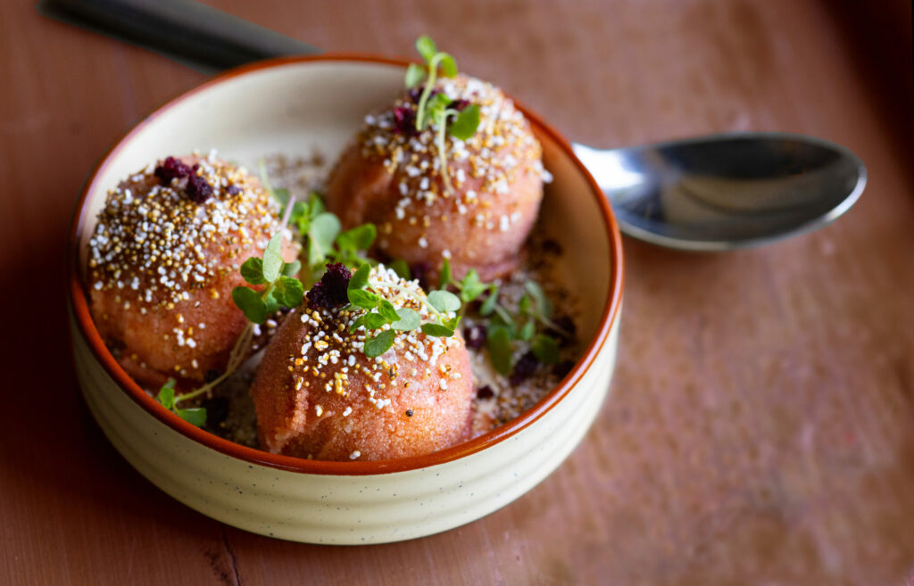 Cherry Sorbete with olive oil, sea salt and puffed amaranth from Arandas Friday, June 28, 2024 in Healdsburg. (Photo by John Burgess/The Press Democrat)