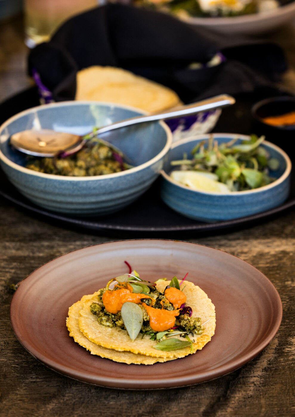 The Cerdo Tacos are served deconstructed with green chorizo, radish, chili, artichoke, white bean & guajillo salad from Arandas Friday, June 28, 2024 in Healdsburg. (Photo by John Burgess/The Press Democrat)