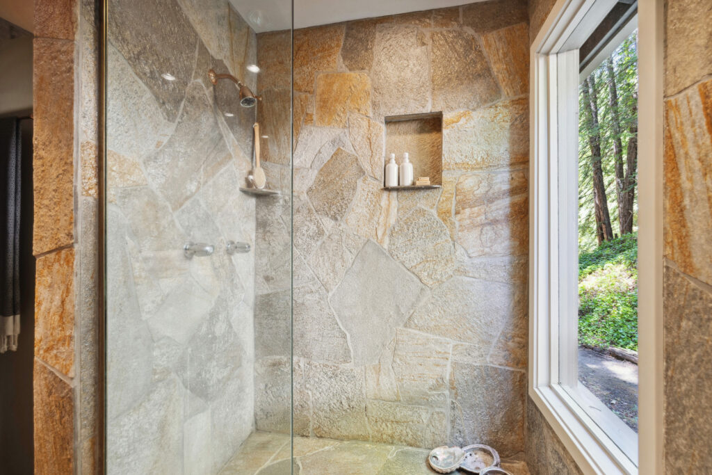 Stone slab shower. (Open Homes Photography)