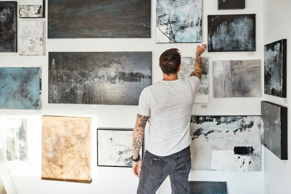 Petaluma artist Aaron Webb with his abstract art. (Kim Carroll/for Sonoma Magazine)