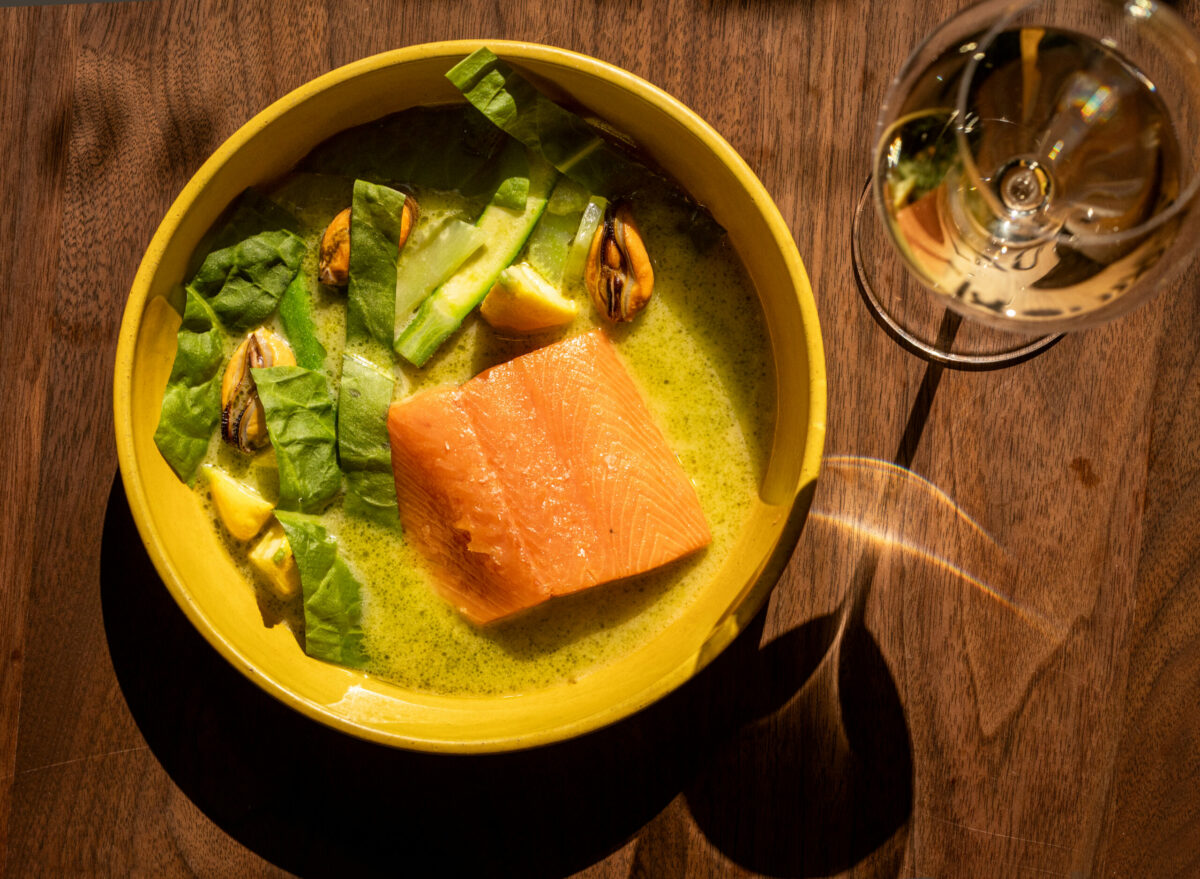 Trout, mussels, lettuce and fig leaf from Bistro Lagniappe Thursday, June 19, 2025, in Healdsburg. (John Burgess / The Press Democrat)