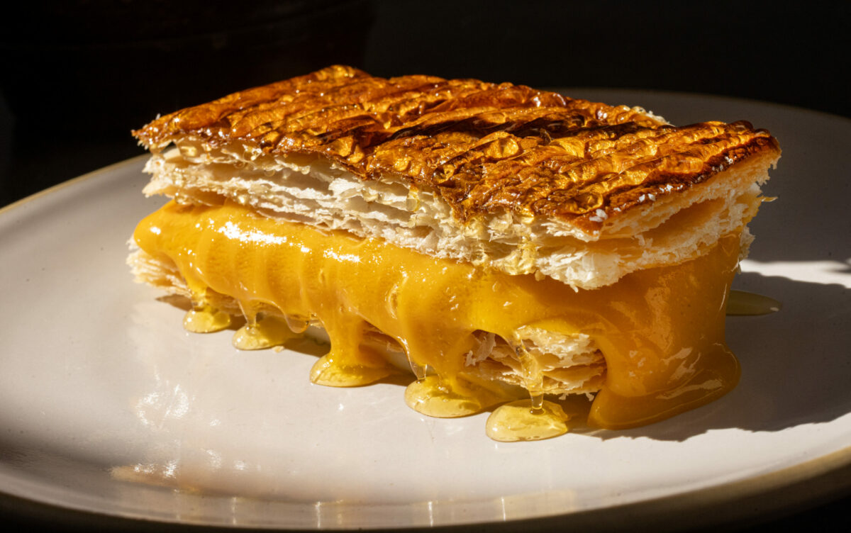 Mille-feuille of Brokaw passionfruit, vanilla crème diplomat, and fermented honey from Bistro Lagniappe Thursday, June 19, 2025, in Healdsburg. (John Burgess / The Press Democrat)