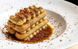 Pistachio Tiramisu with pistachio mascarpone, lady finger and coffee from Brigitte Bistro Sunday, July 6, 2025, in Petaluma. (John Burgess / The Press Democrat)