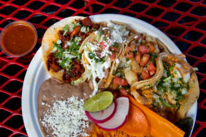 A plate of tacos includes four types: al pastor, veggie, fish, and shrimp, at El Roy’s Express Mex truck No. 2 on Santa Rosa Ave., in Santa Rosa, on Thursday, July 11, 2024. (Darryl Bush / For The Press Democrat)