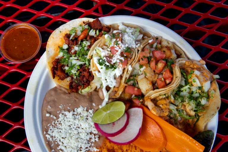 A plate of tacos includes four types: al pastor, veggie, fish, and shrimp, at El Roy’s Express Mex truck No. 2 on Santa Rosa Ave., in Santa Rosa, on Thursday, July 11, 2024. (Photo by Darryl Bush / For The Press Democrat)