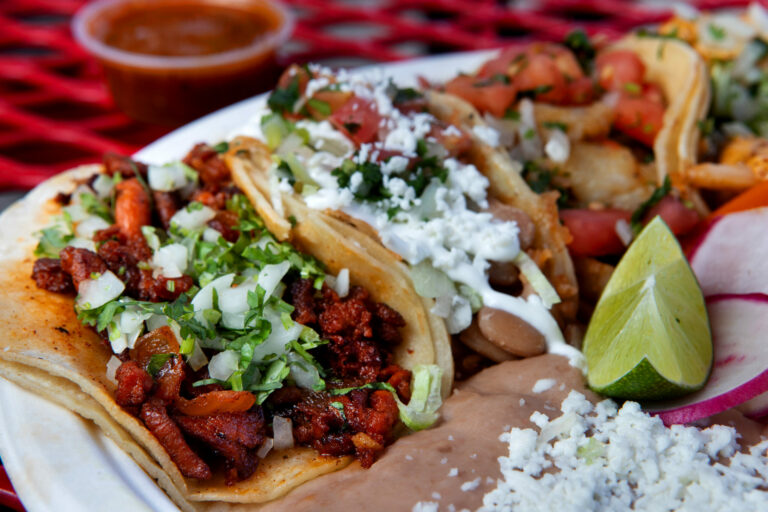 A plate of tacos includes four types: al pastor, veggie, fish, and shrimp, at El Roy’s Express Mex truck No. 2 on Santa Rosa Avenue in Santa Rosa, on Thursday, July 11, 2024. (Darryl Bush / For The Press Democrat)