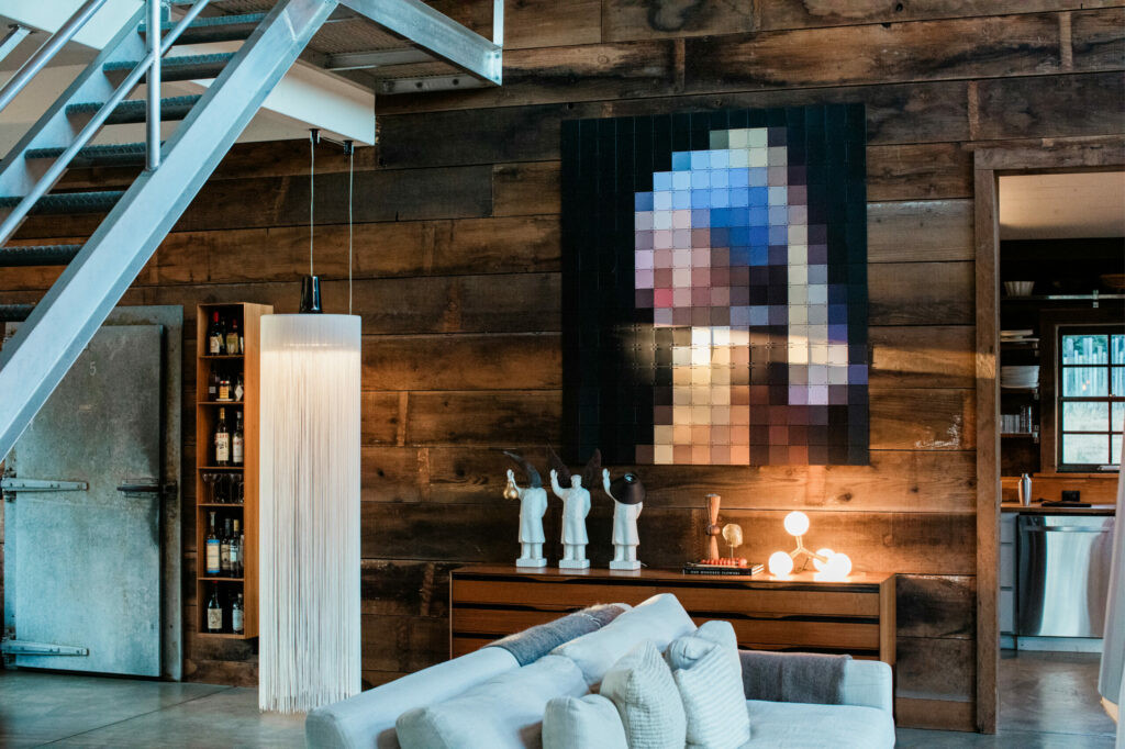 Lisa Steinkamp purchased the large-scale art above the sideboard online. It's a series of cards that clip together to form a color-field representation of Vermeer's "Girl with the Pearl Earring." (Eileen Roche/Sonoma Magazine)