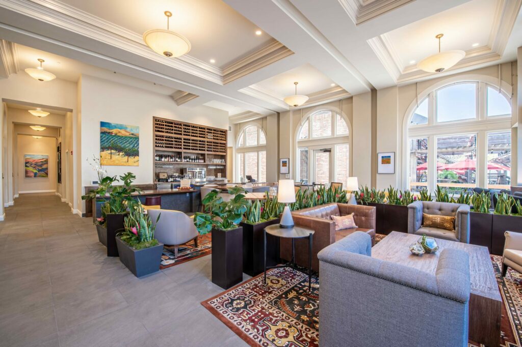 The spacious lobby at Hotel E beckons visitors and guests to relax and sample wines at the Enology Wine Lounge on the main floor of 37 Old Courthouse Square in Santa Rosa. (Courtesy of Hotel E)