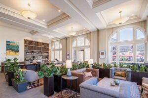 The spacious lobby at Hotel E beckons visitors and guests to relax and sample wines at the Enology Wine Lounge on the main floor of 37 Old Courthouse Square in Santa Rosa. (Courtesy of Hotel E)