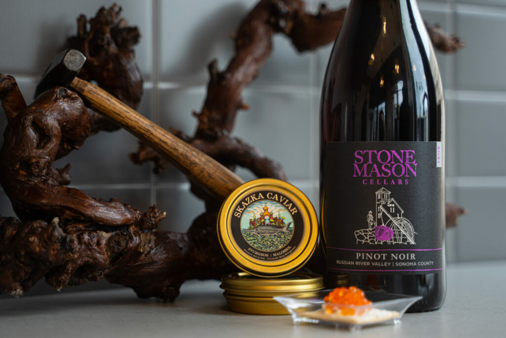 For a reasonable $30, you get five wines, each paired with an array of nibbles that might include chocolate blueberries with a HammerTime Red Wine Blend, and Skazka black sturgeon caviar with a sparkling cuvée at Santa Rosa’s Stonemason Cellars. (Courtesy of Stonemason Cellars)
