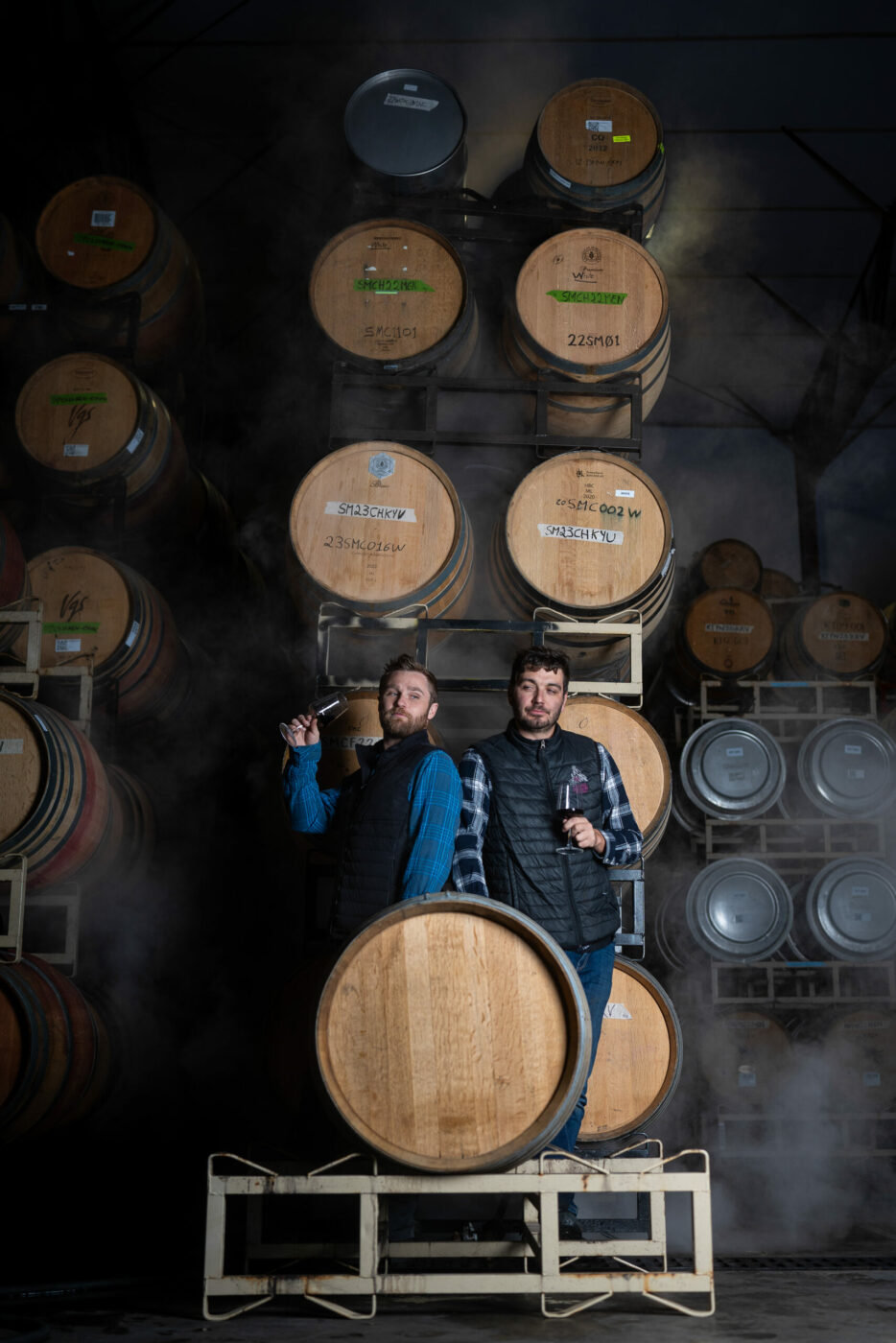 Timothy “T.J.” (left) and Francesca Elam have teamed up with French-born winemaker Maxime Gautier (right) for their wine label Stonemason Cellars. (Courtesy of Stonemason Cellars)