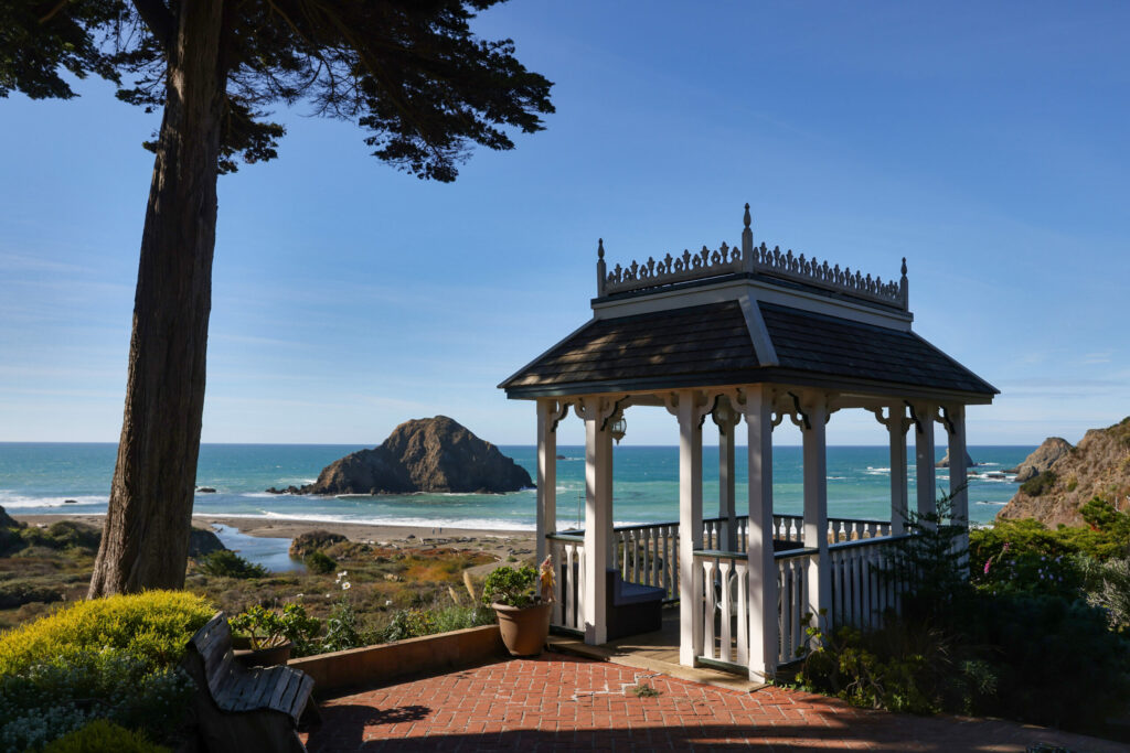 The gazebo, with a view of Greenwood Creek State Beach and Gunderson Rock, in Elk on Thursday, November 3, 2022. (Christopher Chung/The Press Democrat)