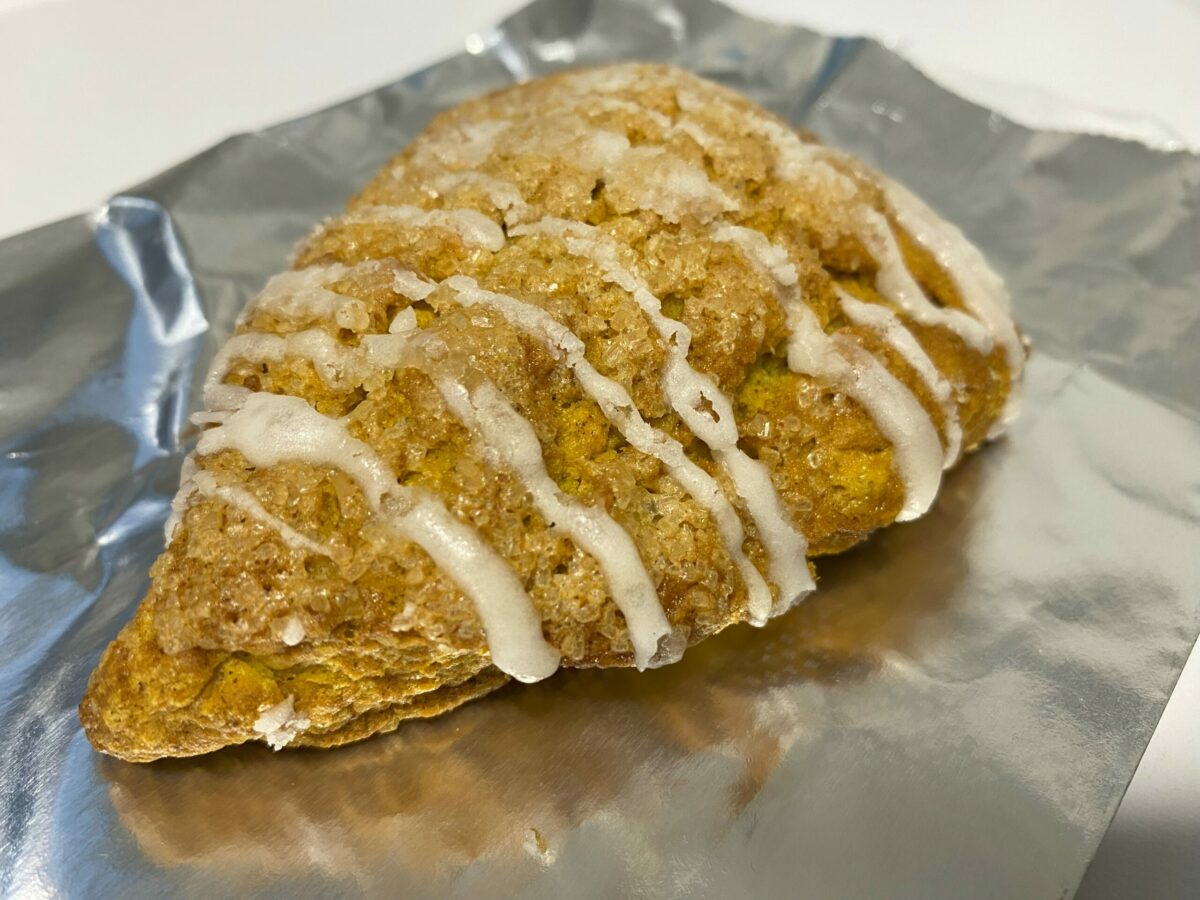 A pumpkin pie scone from Crook's Coffee in Santa Rosa, Nov. 21, 2024. (Maci Martell / Sonoma Magazine)