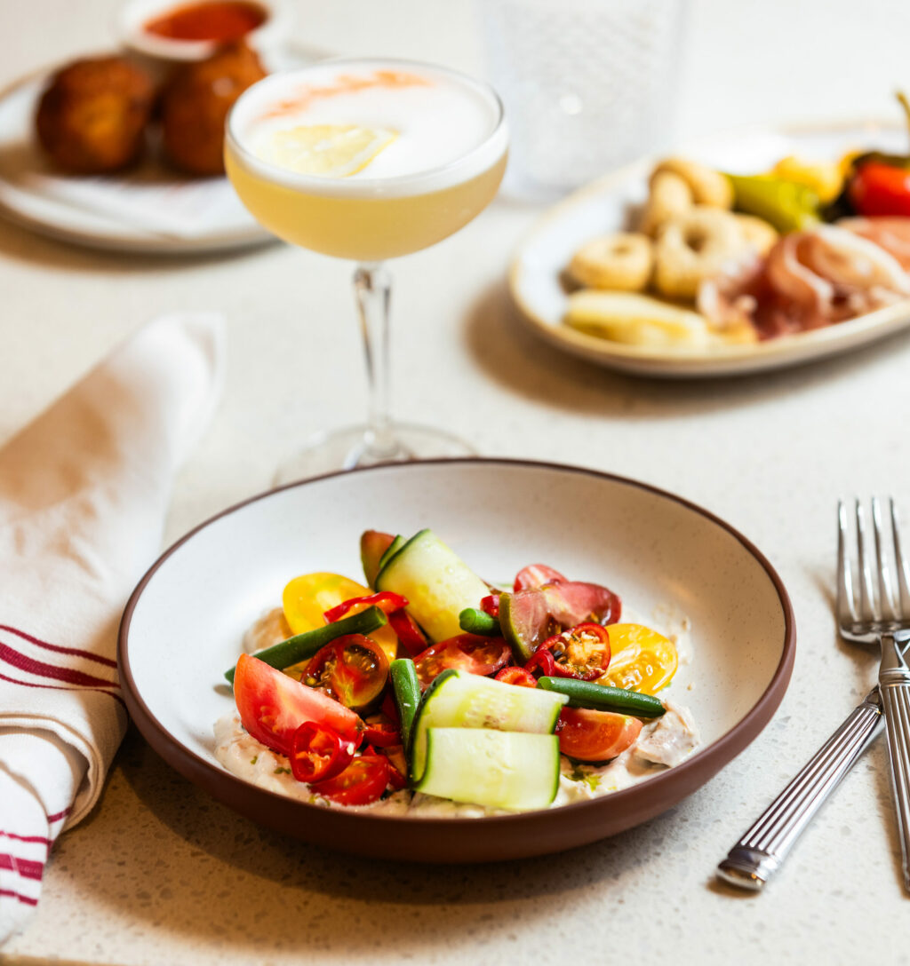 Vegetable Salad “Tonnato” with snap peas, shishito pepper and tuna sauce from Campanella Friday, September 6, 2024 in Sebastopol. (John Burgess / The Press Democrat)