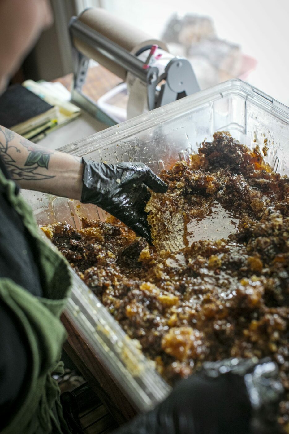 Candice Koseba crushes comb to harvest the honey locked within. (Bryan Meltz/Sonoma Magazine)