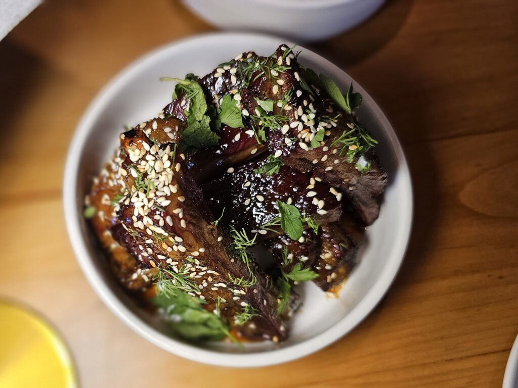 Smoked Lamb Ribs at Monti's restaurant in Montgomery Village. (Heather Irwin/The Press Democrat)