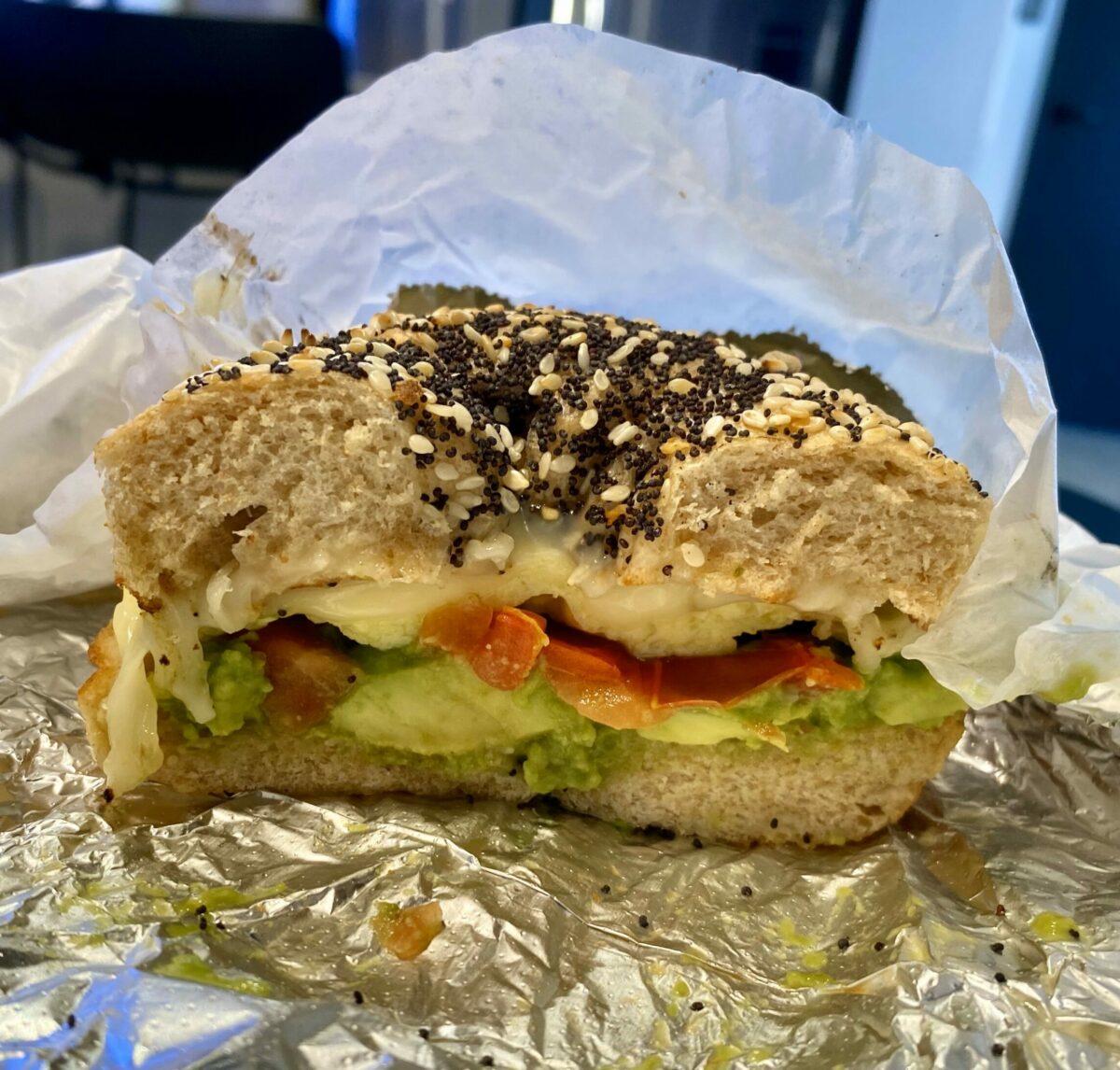 Ellie's Spicy Eggel with eggs, pepper jack cheese, avocado and tomato on an everything bagel from Grateful Bagel on Fourth Street in Santa Rosa, July 12, 2024. (Maci Martell/Sonoma Magazine)
