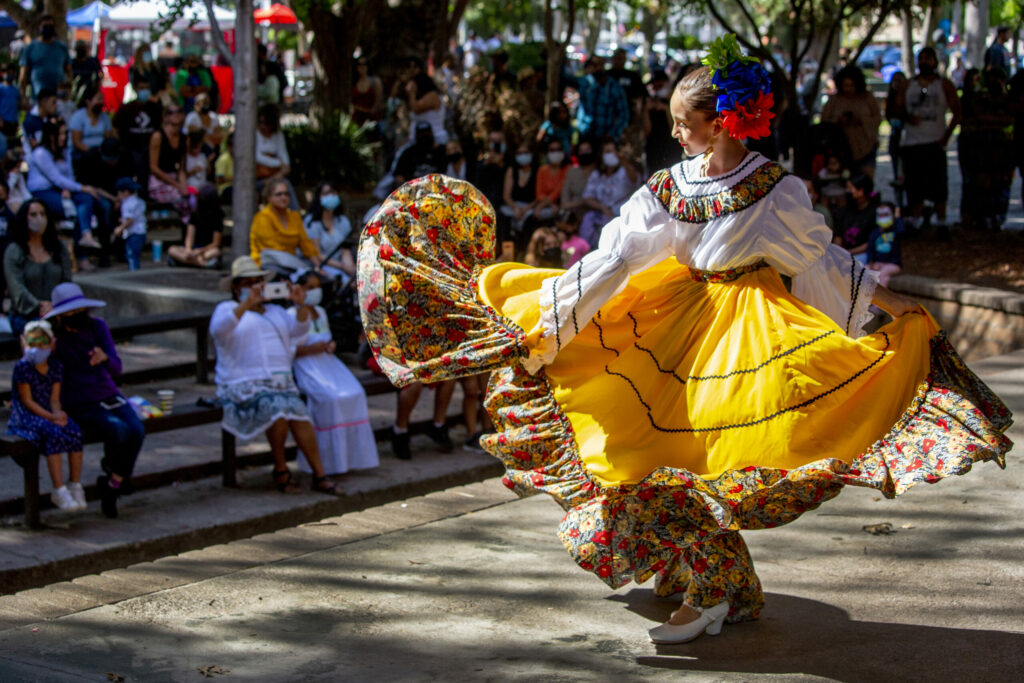 A dancer from Grupo Folklórico Quetzalén entertains a packed Grinstead Amphitheater at the Mexican Heritage and Health Fair on the Sonoma Plaza on Sunday, Sept. 19, 2021. (Photo by Robbi Pengelly/Index-Tribune)
