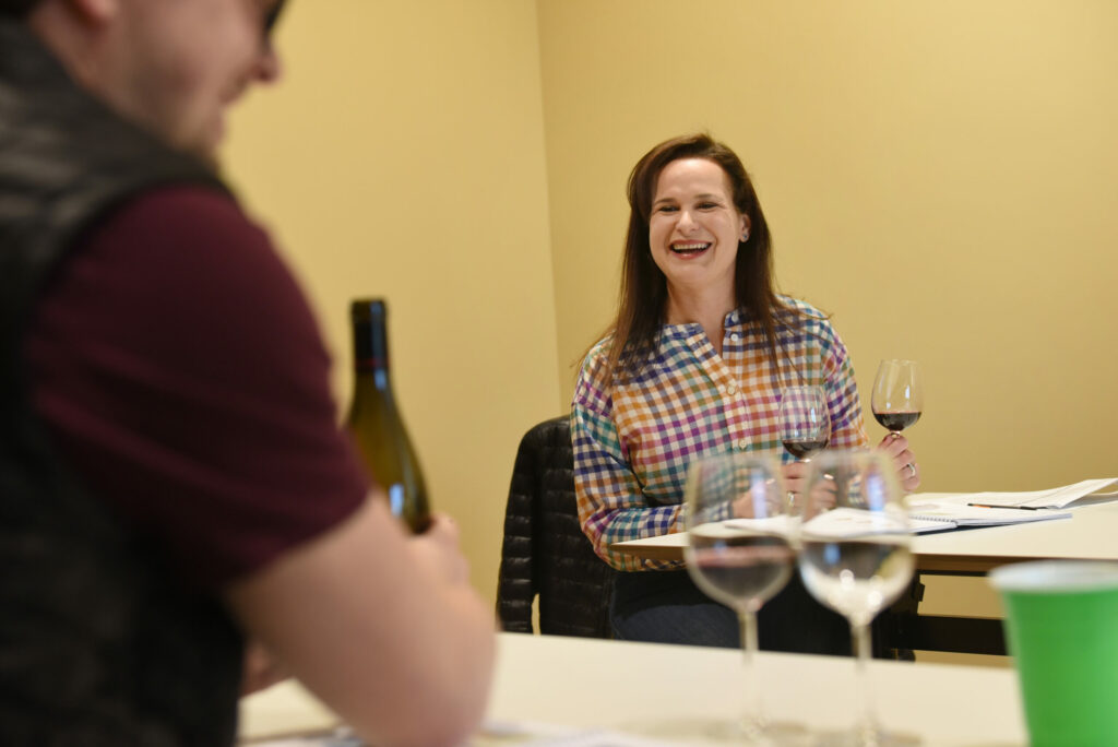 Julie Rothberg, president of Medlock Ames winery, during a wine education class at the Odyssey Wine Academy founded by Rothberg and held at Bacchus Landing in Healdsburg, Tuesday, March 15, 2022. (Erik Castro/for The Press Democrat)